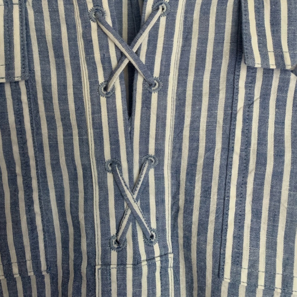 J. Crew Striped Lace-Up‎ Long Sleeve Blouse Blue White Casual Linen Blend Sz M - Picture 6 of 6